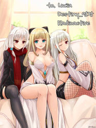 Rule 34 | 00s, 3girls, ;), animal ears, bad id, bad pixiv id, bare shoulders, black legwear, black panties, blonde hair, blush, grabbing another&#039;s breast, breasts, cat ears, detached sleeves, dungeon and fighter, female gunner (dungeon and fighter), fishnet pantyhose, fishnets, grabbing, grabbing from behind, green eyes, gunner (dungeon and fighter), hair ornament, highleg, highleg panties, large breasts, long hair, multiple girls, one eye closed, open mouth, panties, pantyhose, red eyes, scarf, shaojiang, silver hair, sitting, smile, tears, thigh strap, thighhighs, underwear, very long hair, wide sleeves, yuri, zettai ryouiki