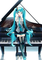 Rule 34 | 1girl, absurdres, aqua eyes, aqua hair, aqua nails, aqua necktie, bare shoulders, black skirt, black sleeves, black thighhighs, bloom, boots, commentary request, crossed legs, detached sleeves, grand piano, grey shirt, hair ornament, hatsune miku, headphones, headset, highres, instrument, light smile, long hair, looking at viewer, miniskirt, nail polish, necktie, niwa (niwaniwa 1227), on piano, piano, pleated skirt, reflection, shirt, shoulder tattoo, sitting, skirt, sleeveless, sleeveless shirt, solo, tattoo, thigh boots, thighhighs, twintails, twitter username, very long hair, vocaloid, white background, zettai ryouiki