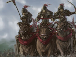 Rule 34 | 6+boys, armor, blue sky, bow (weapon), brown horse, chariot, china, chinese empire, dagger axe, faceless, faceless male, flag, full armor, helmet, holding, holding polearm, holding reins, holding weapon, horse, military, mud, multiple boys, original, plume, polearm, reins, scar, sky, spring and autumn, tomw, war, weapon