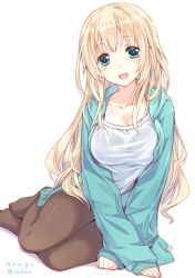 Rule 34 | 10s, 1girl, amagai tarou, atago (kancolle), black pantyhose, blonde hair, blue eyes, blue jacket, breasts, casual, character name, hood, hooded jacket, jacket, kantai collection, large breasts, long hair, looking at viewer, pantyhose, smile, solo, twitter username, white background