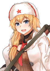 Rule 34 | 1girl, :d, absurdres, alternate costume, blonde hair, blue eyes, fur hat, girls&#039; frontline, hat, highres, huge filesize, long hair, looking at viewer, mod3 (girls&#039; frontline), mosin-nagant (girls&#039; frontline), mosin-nagant (mod3) (girls&#039; frontline), muteppona hito, necktie, open mouth, red neckwear, red star, side ponytail, smile, solo focus, star (symbol), ushanka, v, weapon, weapon on back, white background, white headwear