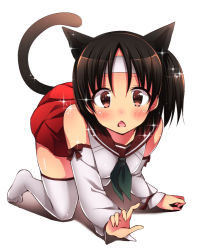 Rule 34 | 10s, 1girl, :&lt;, all fours, animal ears, bare shoulders, black hair, blush, breasts, cat ears, cat girl, cat tail, crawling, detached sleeves, headband, japanese clothes, kantai collection, kemonomimi mode, looking at viewer, medium breasts, miko, nagara (kancolle), one side up, open mouth, pleated skirt, red skirt, school uniform, serafuku, short hair, side ponytail, sk02, skirt, solo, sparkle, tail, thighhighs, triangle mouth, white thighhighs, zettai ryouiki