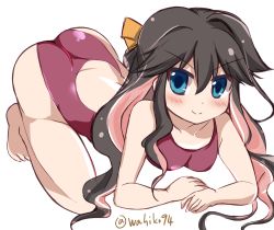 Rule 34 | 10s, 1girl, all fours, ass, black hair, blue eyes, competition swimsuit, kantai collection, long hair, multicolored hair, naganami (kancolle), one-piece swimsuit, simple background, smile, solo, swimsuit, testman, two-tone hair, wahiko (black bastard)