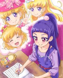 Rule 34 | 4girls, asahina mirai, blonde hair, book, bow, chocokin, closed eyes, cure miracle, half updo, hat, hat bow, imagining, izayoi liko, long hair, magical girl, mahou girls precure!, mofurun (mahou girls precure!), multiple girls, multiple persona, pink hat, plaid, plaid bow, precure, purple background, purple eyes, purple hair, purple shirt, shirt, short hair, signature, smile, writing
