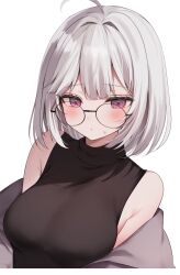 1girl ahoge black_shirt blush breasts glasses grey_hair grey_jacket hair_intakes highres jacket off_shoulder original pink_eyes round_eyewear shirt short_hair sleeveless sleeveless_shirt solo sweatdrop upper_body yonako_(123456nya)