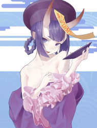 Rule 34 | 1girl, absurdres, artist request, bare shoulders, braid, braided hair rings, breasts, collarbone, cup, dress, eyeliner, fangs, fate/grand order, fate (series), frills, hair rings, hat, heroic spirit festival outfit, highres, horns, jiangshi, long sleeves, looking at viewer, makeup, off shoulder, ofuda, oni, open mouth, purple dress, purple eyes, purple hair, purple hat, qingdai guanmao, sakazuki, short hair, shuten douji (fate), shuten douji (festival outfit) (fate), skin-covered horns, small breasts, smile, solo