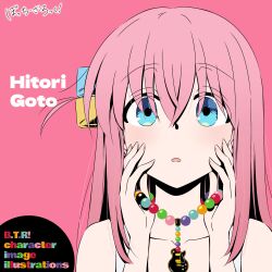 Rule 34 | 1girl, absurdres, bare shoulders, bead necklace, beads, blue eyes, blush, bocchi the rock!, character name, collarbone, commentary, copyright name, cube hair ornament, gotoh hitori, hair between eyes, hair ornament, hand on own face, highres, holding, holding jewelry, holding necklace, jewelry, k-on!, long hair, looking at viewer, necklace, oekaki bibbi, one side up, open mouth, parody, pink background, pink hair, pink theme, sidelocks, simple background, solo