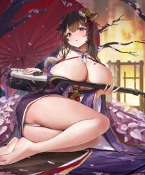 Rule 34 | 1girl, absurdres, animal ears, ass, azur lane, bachi, barefoot, blush, breasts, brown hair, cherry blossoms, chochomi, cleavage, cow ears, cow girl, cow horns, duplicate, falling petals, feet, flower, hair ornament, hair stick, highres, holding, holding instrument, horns, huge breasts, instrument, japanese clothes, kanzashi, kashino (azur lane), kashino (robust floral strings) (azur lane), kimono, leaning to the side, long hair, long sleeves, looking at viewer, official alternate costume, oil-paper umbrella, open mouth, panties, pantyshot, petals, pixel-perfect duplicate, plectrum, purple eyes, purple kimono, shamisen, sitting, soles, solo, thighs, toes, umbrella, underwear, white panties, wide sleeves, yokozuwari