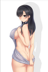 Rule 34 | 1girl, absurdres, ass, back, backless dress, backless outfit, bad id, bad pixiv id, bare back, bare shoulders, black hair, black hairband, blush, breasts, brown eyes, closed mouth, clothes tug, covered erect nipples, cowboy shot, dimples of venus, dress, earrings, embarrassed, female focus, from behind, grey dress, grey sweater, hairband, halterneck, hand on own chest, hand up, heart, heart earrings, highres, jewelry, large breasts, legs together, long hair, looking at viewer, looking back, meme attire, naked sweater, no bra, no panties, original, ribbed sweater, sideboob, simple background, sleeveless, sleeveless turtleneck, solo, sweater, sweater dress, sweater tug, takahashi yusuke, tearing up, tears, turtleneck, turtleneck sweater, virgin killer sweater, white background