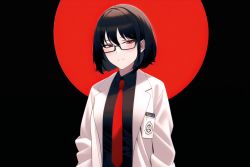Rule 34 | ai-assisted, black-framed eyewear, black hair, black shirt, coat, doctor, glasses, highres, ms.j.and, non-web source, original, red eyes, red tie, scp foundation, shirt, short hair, solo, white coat