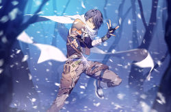 Rule 34 | 1boy, armor, bare tree, belt, belt pouch, black gloves, black hair, covered mouth, cowboy shot, dagger, eiyuu densetsu, fingerless gloves, forest, glint, gloves, highres, joshua bright, knife, long sleeves, looking at viewer, male focus, motion blur, nature, pants, pouch, scarf, shirt, shoes, short hair, shoulder armor, snow, solo, sora no kiseki, thigh strap, tree, weapon, white scarf, yellow eyes, yohan12
