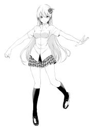 Rule 34 | 1girl, flower, full body, greyscale, hair flower, hair ornament, highres, hikapan, kneehighs, loafers, long hair, monochrome, original, outstretched arms, plaid, saeki shun, shoes, simple background, skirt, socks, solo, tosh (imonade ryouchou), very long hair, white background