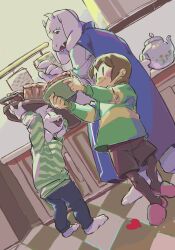 Rule 34 | 1boy, 1girl, 1other, androgynous, animal ears, asriel dreemurr, black eyes, black pants, blush stickers, body fur, brown hair, brown pantyhose, brown shorts, carrying overhead, chara (undertale), checkered floor, child, dress, dutch angle, family, fangs, floppy ears, food, from below, furry, furry female, furry male, goat boy, goat ears, goat girl, goat horns, green sweater, highres, holding, holding plate, holding teapot, holding tray, horns, indoors, kitchen, long sleeves, open mouth, pants, pantyhose, pie, pie slice, pink footwear, plate, purple dress, short hair, shorts, slippers, smile, standing, sweater, teapot, toriel, tray, udohepu, undertale, white fur, | |