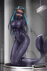 Rule 34 | 1girl, arms behind back, bdsm, black bodysuit, black hair, blindfold, blue eyes, blush, bodysuit, bondage, bound, breasts, cameltoe, collarbone, covered erect nipples, covered navel, creatures (company), crying, dark-skinned female, dark skin, drooling, facing viewer, full body, gag, game freak, hair ornament, highres, impossible bodysuit, impossible clothes, jewelry, lactation, lactation through clothes, large breasts, latex, latex bodysuit, long hair, mermaid, midnight (banyex), monster girl, monsterification, multicolored hair, nessa (pokemon), nintendo, nipples, open mouth, patreon username, pokemon, pokemon swsh, pussy juice, ring gag, security camera, shiny clothes, skin tight, solo, stasis tank, two-tone hair, watermark, web address