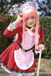 Rule 34 | 1girl, apron, asian, blurry, breasts, broom, cosplay, cowboy shot, depth of field, dress, garter straps, hedge, highres, light smile, looking at viewer, maid, maid apron, makeup, mascara, namada, nono (top wo nerae 2!), outdoors, parking lot, photo (medium), pink hair, puffy sleeves, short dress, sidelocks, small breasts, solo, standing, thighhighs, top wo nerae 2!, tree, white thighhighs, zettai ryouiki