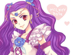 Rule 34 | 00s, 1girl, bad id, bad pixiv id, blue flower, blue rose, character name, earrings, flower, frills, hair ornament, hair ribbon, hairpin, heart, jewelry, long hair, maco (munya), magical girl, milk (yes! precure 5), milky rose, mimino kurumi, precure, purple hair, red eyes, ribbon, rose, smile, solo, two side up, yes! precure 5, yes! precure 5 gogo!