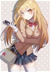 Rule 34 | 1girl, arm under breasts, bag, black skirt, blazer, blonde hair, border, bow, bowtie, breasts, brown jacket, closed mouth, collared shirt, commentary request, contrapposto, controller, gloves, hand up, handbag, head tilt, holding, holding remote control, jacket, large breasts, light blush, long hair, looking at viewer, outside border, plaid, plaid skirt, red bow, red bowtie, rei k 79, remote control, school uniform, shirt, shokuhou misaki, simple background, skirt, smile, solo, sparkling eyes, star (symbol), star print, starry background, thighhighs, toaru kagaku no mental out, toaru kagaku no railgun, toaru majutsu no index, tokiwadai school uniform, white border, white gloves, white shirt, white thighhighs, winter uniform, yellow eyes