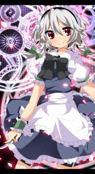 Rule 34 | 1girl, absurdres, bad id, bad pixiv id, blue dress, braid, cherry blossoms, clock, clockwork, dress, female focus, fruits punch, gears, hexagram, highres, izayoi sakuya, knife, letterboxed, magic circle, maid, red eyes, short hair, silver hair, smile, solo, embodiment of scarlet devil, throwing knife, touhou, twin braids, weapon, wrist cuffs, wristband