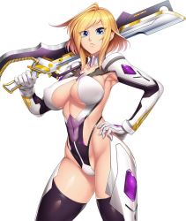 Rule 34 | 1girl, armpits, blonde hair, blue eyes, bodysuit, breasts, curvy, female focus, hand on own hip, highres, holding, holding sword, holding weapon, large breasts, leotard, lilith-soft, looking at viewer, nipples, no bra, pointy ears, shinganji kurenai, shiny skin, short hair, simple background, solo, standing, sword, taimanin (series), taimanin asagi, taimanin asagi kessen arena, taimanin kurenai, thick thighs, thighhighs, thighs, thong, weapon, white background, zol