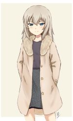 Rule 34 | 1girl, artist name, beige background, black dress, blue eyes, blush, brown coat, cardigan, casual, closed mouth, coat, commentary, dated, dress, fur-trimmed coat, fur trim, girls und panzer, half-closed eyes, hands in pockets, itsumi erika, light blush, long sleeves, looking at viewer, ma-2 (konkon kitakitsune), medium dress, medium hair, open cardigan, open clothes, outside border, signature, silver hair, smile, solo, standing, winter clothes