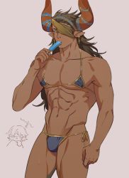 Rule 34 | 1boy, abs, bara, bikini, black bikini, brown eyes, brown hair, bulge, cowboy shot, earrings, eating, eyepatch, food, granblue fantasy, highres, horns, jewelry, large pectorals, long hair, looking at viewer, male focus, mature male, muscular, muscular male, natural virtue, navel, obliques, pectorals, pointy ears, popsicle, reinhardtzar, solo, stomach, sweatdrop, swimsuit, tan, white background