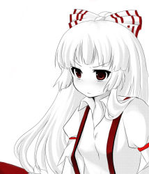 Rule 34 | 1girl, annoyed, blunt bangs, bow, female focus, fujiwara no mokou, hair bow, long hair, monochrome, partially colored, red eyes, rikubonku, simple background, solo, spot color, suspenders, touhou