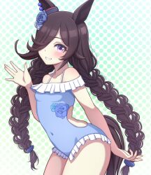 Rule 34 | 1girl, alternate costume, alternate hairstyle, animal ears, arched back, arm behind back, back cutout, black hair, blue flower, blue one-piece swimsuit, blue rose, blue scrunchie, blush, braid, breasts, casual one-piece swimsuit, clothing cutout, collarbone, commentary request, covered navel, cowboy shot, ear ornament, ear piercing, earrings, floral print, flower, frilled one-piece swimsuit, frills, from side, green background, grin, hair flower, hair ornament, hair over one eye, hair scrunchie, hand up, hat, highres, hokuyukis, horse ears, horse girl, horse tail, jewelry, long hair, looking at viewer, multiple earrings, one-piece swimsuit, parted bangs, piercing, polka dot, polka dot background, purple eyes, rice shower (umamusume), rose, rose print, scrunchie, simple background, small breasts, smile, solo, standing, stud earrings, swept bangs, swimsuit, tail, thighs, twin braids, umamusume, very long hair, waving, white background