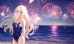 Rule 34 | 1girl, arms behind back, beach, blonde hair, blue eyes, blue one-piece swimsuit, breasts, competition school swimsuit, copyright name, cowboy shot, fireworks, forehead, highres, horizon, kofune ushio, liht, long hair, night, one-piece swimsuit, school swimsuit, small breasts, summertime render, swimsuit