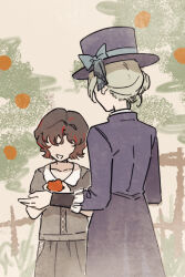 Rule 34 | 2girls, aged down, black hair, blue bow, boater hat, bow, coat, crayon drawing, curly hair, facing away, food, from behind, fruit, grass, grey hair, grey shirt, grey skirt, hat, hat bow, highres, holding, holding food, holding fruit, long sleeves, looking at another, multiple girls, no eyes, official art, open mouth, orange (fruit), orange tree, purple coat, purple headwear, reverse:1999, schneider (reverse:1999), shirt, short hair, short sleeves, skirt, smile, tree, upper body, vertin (reverse:1999), yellow background