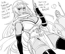 Rule 34 | 1boy, 1girl, ?, alternate costume, armor, bb (baalbuddy), breasts, cape, cleavage, commentary, dark-skinned female, dark skin, english commentary, english text, fire emblem, fire emblem: the binding blade, fire emblem heroes, gatekeeper (fire emblem), greyscale, grin, headband, helmet, highres, holding, holding weapon, igrene (fire emblem), kunai, large breasts, long hair, looking at viewer, mole, mole under eye, monochrome, ninja, nintendo, obi, official alternate costume, pelvic curtain, sash, simple background, smile, smug, spoken question mark, thighhighs, weapon, white background