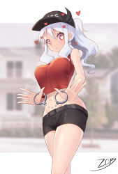 Rule 34 | 1girl, bare arms, bare shoulders, baseball cap, black hat, black shorts, blush, breasts, commentary, cowboy shot, crop top, cuffs, hair between eyes, handcuffs, hat, heart, heart-shaped pupils, helltaker, horns, horns through headwear, large breasts, long hair, looking at viewer, midriff, modeus (helltaker), navel, ponytail, red eyes, red shirt, shirt, short shorts, shorts, sidelocks, sleeveless, sleeveless shirt, solo, standing, stomach, symbol-shaped pupils, thighs, white hair, z.o.b