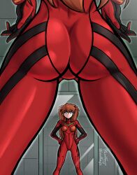 Rule 34 | 1girl, absurdres, ass, ass focus, between legs, between thighs, blue eyes, bodysuit, breasts, brown hair, curvy, hands on own hips, highres, huge ass, interface headset, legs apart, long hair, lord guyis, low angle, medium breasts, mirror, mirror image, neon genesis evangelion, plugsuit, red bodysuit, shiny clothes, simple background, smile, solo, souryuu asuka langley, standing, thick thighs, thighs, twitter username, two side up, very long hair, view between legs, wide hips