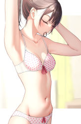 Rule 34 | 1girl, adjusting hair, arm up, armpits, blush, bow, bow bra, bow panties, bra, breasts, brown hair, collarbone, commentary request, closed eyes, mottsun (i 40y), mouth hold, navel, original, paid reward available, panties, polka dot, polka dot bra, polka dot panties, ponytail, short hair, small breasts, underwear, underwear only, white bra, white panties