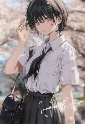 Rule 34 | 1girl, arm at side, bag, black hair, black necktie, black skirt, blurry, blurry background, bob cut, breast pocket, cherry blossoms, collared shirt, commentary request, cowboy shot, falling petals, grey eyes, hand up, high-waist skirt, highres, inaeda kei, looking at viewer, making-of available, necktie, original, parted lips, petals, pleated skirt, pocket, school bag, school uniform, shirt, short hair, short sleeves, sidelocks, skirt, solo, white shirt