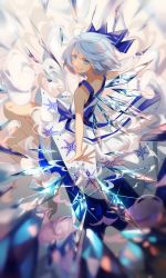 Rule 34 | 1girl, barefoot, blue bow, blue eyes, blue hair, bow, cirno, dress, from side, full body, grin, hair bow, highres, looking at viewer, outstretched arms, short hair, sleeveless, smile, solo, touhou, white dress, ze xia
