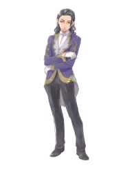 1boy absurdres beard_stubble black_footwear black_hair black_pants closed_mouth clothing_cutout collared_shirt dress_pants facial_hair full_body gloves green_eyes highres iwasaki_minako jacket long_hair long_sleeves lucas_(rune_factory) official_art pants protected_link purple_jacket rune_factory rune_factory_5 second-party_source shirt shoes simple_background smile solo standing stubble transparent_background v-shaped_eyebrows wavy_hair white_gloves white_shirt