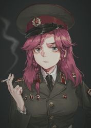 Rule 34 | 1girl, badge, black necktie, bow, braid, breasts, buttons, cigarette, closed mouth, collar, collared shirt, grey background, grey eyes, grey hat, grey jacket, hair bow, hair ornament, hammer and sickle, hand up, hat, headwear request, jacket, lips, looking at viewer, medium breasts, medium hair, necktie, original, police, police hat, police uniform, policewoman, purple hair, red bow, shirt, shoulder strap, simple background, smoke, smoking, solo, soviet, thick eyebrows, tuziki sang, uniform, upper body, white shirt