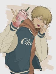 Rule 34 | 1boy, blonde eyebrows, blonde hair, blue jacket, blush, chainsaw man, denji (chainsaw man), drink, drinking straw, english text, eyebrows, fang, fangs, food, hair between eyes, happy, highres, holding, holding food, hood, hood down, hoodie, iced coffee, jacket, jeoth03k, letterman jacket, light blush, long sleeves, looking at viewer, male focus, open mouth, orange hoodie, pale skin, sharp teeth, short hair, sleeves past elbows, solo, solo focus, starbucks, teeth, tongue, tongue out, v, yellow eyes