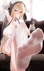 Rule 34 | 1girl, absurdres, azur lane, blonde hair, breasts, couch, crossed legs, feet, foot focus, highres, holding, holding shoes, horns, implacable (azur lane), large breasts, light blush, long hair, looking at viewer, parted lips, red eyes, see-through, see-through legwear, shoes, unworn shoes, single shoe, sitting, soles, steam, thighhighs, toes, ursica, white thighhighs