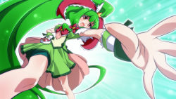 Rule 34 | 1girl, bike shorts, bike shorts under skirt, blue background, cosplay, cure march, cure march (cosplay), dress, dutch angle, female focus, front ponytail, green background, green dress, green hair, green shorts, green skirt, green theme, kagiyama hina, long hair, look-alike, oborotsuki kakeru, open mouth, outstretched hand, ponytail, precure, red eyes, shorts, shorts under skirt, skirt, smile precure!, solo, touhou, very long hair, wrist cuffs