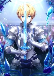 Rule 34 | 1boy, absurdres, armor, blonde hair, blue eyes, commentary request, cowboy shot, eile (esspril), eugeo, gauntlets, hair between eyes, highres, holding, holding sword, holding weapon, indoors, male focus, short hair, solo, standing, sword, sword art online, sword art online: alicization, weapon