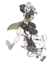 2others androgynous ascot bare_legs bare_shoulders black_coat black_hair black_hat black_shorts boots brown_ascot brown_coat brown_footwear chinese_commentary closed_mouth coat coattails collared_shirt collared_socks commentary_request dated_commentary detached_sleeves enraku_tsubakura eye_of_senri eyelashes floating_clothes floating_hair full_body geta green_hakama grey_eyes grey_hair hair_between_eyes hair_over_one_eye hakama hakama_short_skirt hakama_skirt hand_on_own_head hand_up hat highres houlen_yabusame japanese_clothes jinbei_(clothes) jishixingle1029 jumping knees layered_sleeves len&#039;en long_sleeves looking_at_viewer multiple_others neck_ribbon open_mouth other_focus puffy_short_sleeves puffy_sleeves red_hat red_ribbon ribbon ribbon-trimmed_coat ribbon_trim shirt short_hair_with_long_locks short_over_long_sleeves short_sleeves shorts sidelocks simple_background skirt sleeveless sleeveless_coat sleeveless_shirt smile socks tabi teeth top_hat two-sided_fabric two-sided_headwear upper_teeth_only white_background white_shirt white_sleeves white_socks wide_sleeves