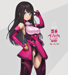 1girl alice_gear_aegis black_hair blue_eyes breasts dated earrings elbow_gloves gloves hand_on_own_hip highres hoop_earrings jewelry leotard long_hair looking_at_viewer medium_breasts purple_leotard purple_thighhighs signature smile solo takada_kazuhiro thighhighs underbust v