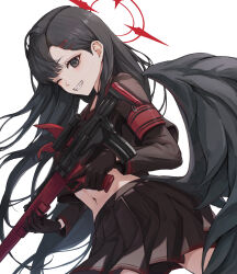Rule 34 | 1girl, absurdres, armband, assault rifle, black choker, black hair, black sailor collar, black serafuku, black shirt, black skirt, black wings, blue archive, bullpup, choker, commentary request, cropped shirt, em-2, feathered wings, grey eyes, grin, gun, hair ornament, hairclip, halo, highres, holding, holding gun, holding weapon, ichika (blue archive), koongsim, long hair, looking at viewer, low wings, neckerchief, no halo, one eye closed, parted bangs, red armband, red halo, red neckerchief, revision, rifle, sailor collar, school uniform, serafuku, shirt, simple background, skirt, smile, solo, weapon, white background, wings