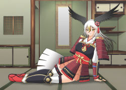 Rule 34 | 1girl, 3d background, alternate costume, arm support, armor, arms behind back, bald eagle (kemono friends), bird tail, bird wings, black hair, blonde hair, closed mouth, full body, hair between eyes, head wings, indoors, japanese armor, kemono friends, kote, kusazuri, leaning to the side, light smile, long hair, looking at viewer, multicolored hair, shoulder armor, sitting, sode, solo, tail, tatami, thighhighs, white hair, wings, yaksini, yellow eyes