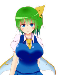 Rule 34 | 1girl, blue eyes, blush, breasts, commentary request, daiyousei, fairy, fairy wings, female focus, green hair, hair ribbon, highres, large breasts, looking at viewer, necktie, ribbon, simple background, solo, teera (tera zilla), touhou, white background, wings, yellow necktie