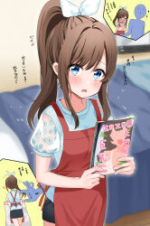Rule 34 | 1boy, 1girl, absurdres, apron, black shorts, blue eyes, blush, book, breasts, brown hair, floral print, hair ribbon, highres, holding, holding book, long hair, manga (object), motion lines, original, parted lips, piyopoyo, ponytail, red apron, ribbon, shirt, shorts, small breasts, sweat, translation request, trash bag, white ribbon, white shirt
