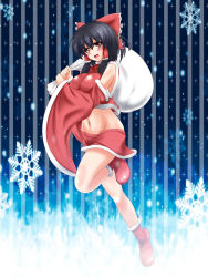 Rule 34 | 1girl, :d, ankle boots, black hair, blush, boots, bow, breasts, detached sleeves, fur boots, hair bow, hair ribbon, hair tubes, hakurei reimu, highres, large bow, large breasts, leg up, long hair, looking at viewer, midriff, miniskirt, naughty face, navel, open mouth, parmiria, red eyes, red footwear, ribbon, sack, santa boots, santa costume, skirt, smile, solo, touhou, wide sleeves