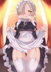 Rule 34 | 1girl, apron, azur lane, braid, breath, chain, collar, corset, cowboy shot, dress, french braid, frilled apron, frills, garter straps, hair over one eye, highres, juliet sleeves, lifted by self, long sleeves, looking at viewer, maid, maid apron, maid headdress, no panties, platinum blonde hair, puffy sleeves, ryoutsu, sheffield (azur lane), short hair, solo, thigh gap, thighhighs, white apron, white thighhighs, yellow eyes