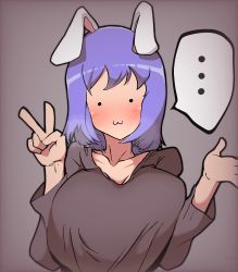 Rule 34 | ..., 1girl, :3, animal ears, black shirt, blush, breasts, closed mouth, commentary request, cookie (touhou), fake hisui (cookie), grey background, highres, huge breasts, looking at viewer, madore, rabbit ears, reisen udongein inaba, shirt, short hair, simple background, solid circle eyes, solo, spoken ellipsis, touhou, upper body, v